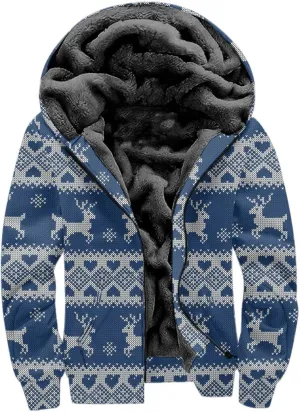 Christmas Hoodies for Men Fleece Lined Xmas Deer Snowman Digital 3D Print Zipper Cardigan Coat Thermal Winter Outwear