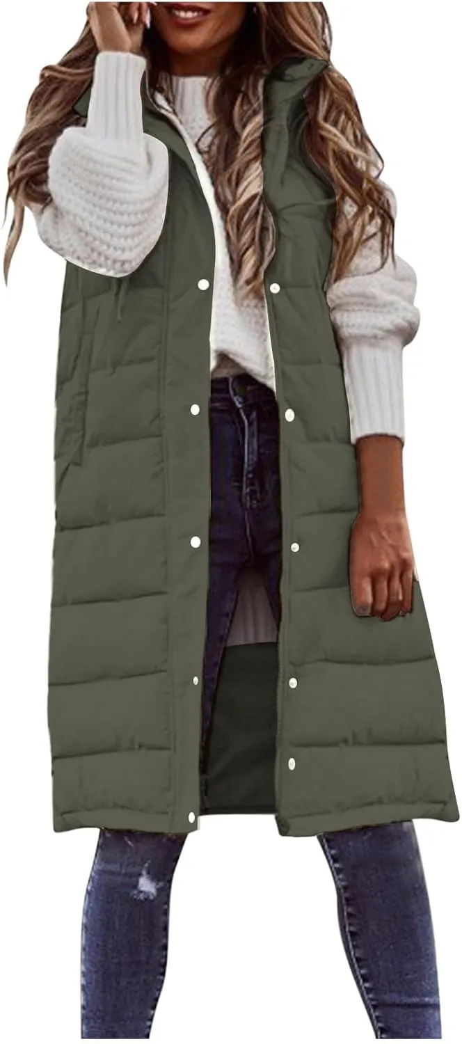 Long Puffer Vest Women Quilted Hooded Sleeveless Down Vest Outerwear Padded Jacket Fall Winter Coat with Pockets