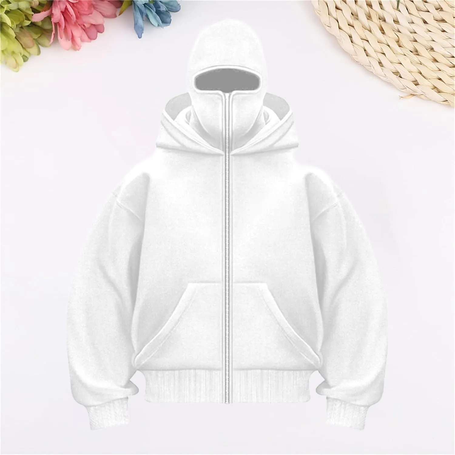 Men Balaclava Hoodie Double Hoodies Face Mask Spring Zip Up Hooded Jackets Ski Hking Fishing Athletic Sweatshirt Coat