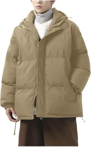 Men's Puffer Jacket Hooded Down Coat Loose Fit Quilted Jacket Zip up Padded Coat Warm Insulated Jackets Winter Outwear