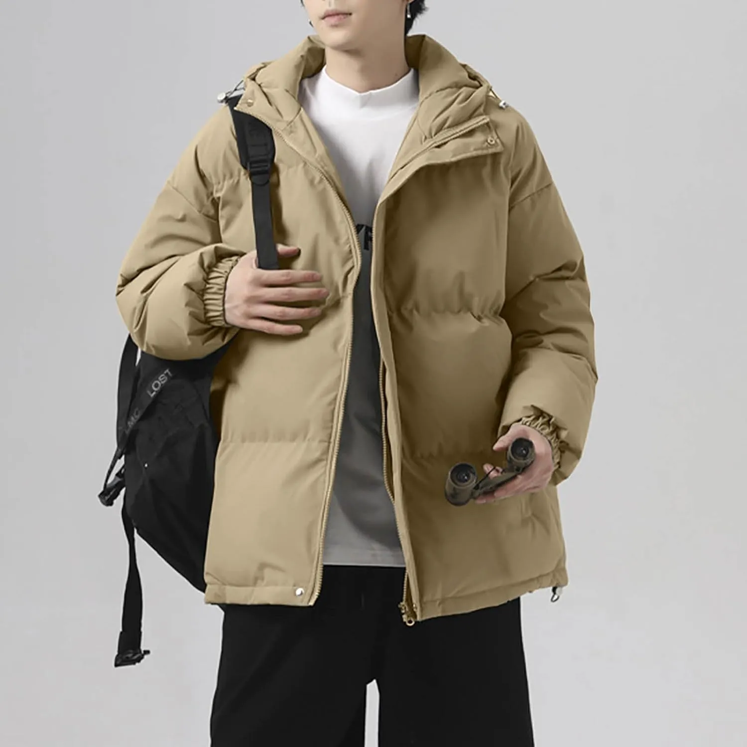 Men's Puffer Jacket Hooded Down Coat Loose Fit Quilted Jacket Zip up Padded Coat Warm Insulated Jackets Winter Outwear