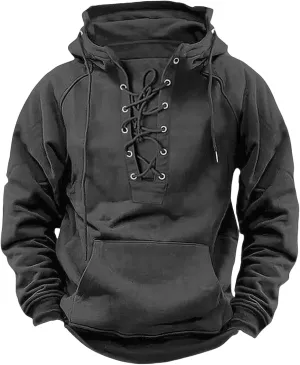 Mens Tactical Sweatshirts Lace Up Aztec Hooded Pullover Long Sleeve Cargo Workout Outdoor Hoodies with Pocket