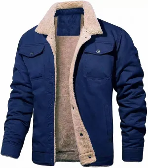 Mens Winter Jacket Thick Thermal Sherpa Coats Warm Fleece Lined Coat Trucker Lapel Military Work Cargo Jackets for Men