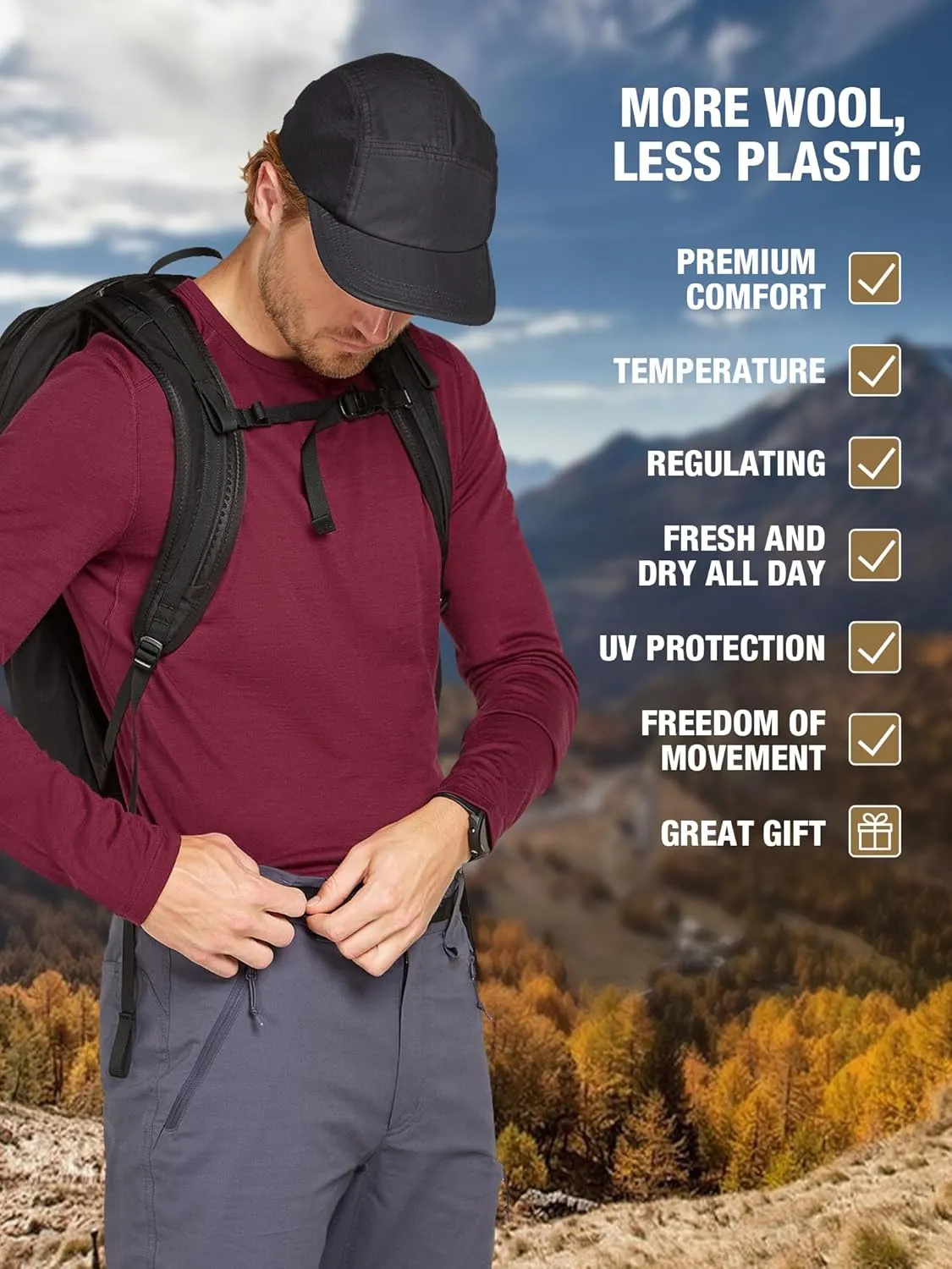 SIORO 100% Merino Wool Base Layer for Men Thermal Underwear Mens Long Sleeve T-Shirt for Hiking Hunting Odor Resistance