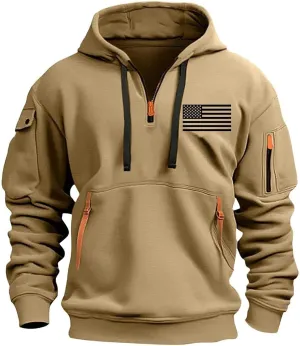 Tactical Hoodies for Men Quarter Zip Pullover Sweatshirts USA Flag Graphic Pullover Long Sleeve Tactical Shirt Tops