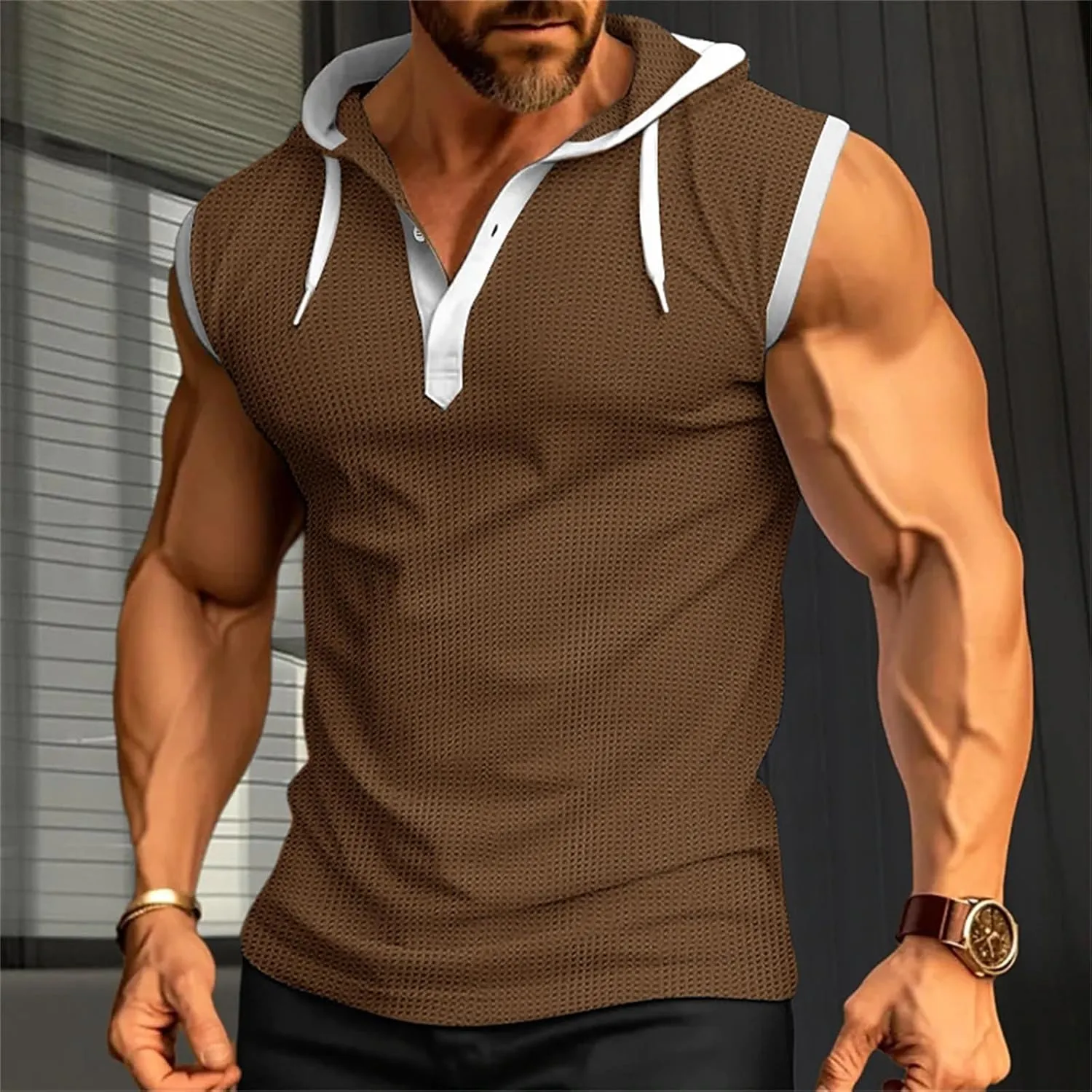 Waffle Tank Top for Men Hooded Shirts Gym Workout Bodybuilding Sleeveless Muscle T Shirts Block Color Vest Hoodies