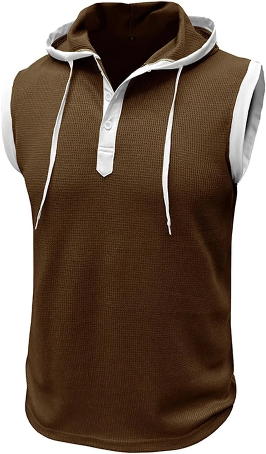 Waffle Tank Top for Men Hooded Shirts Gym Workout Bodybuilding Sleeveless Muscle T Shirts Block Color Vest Hoodies