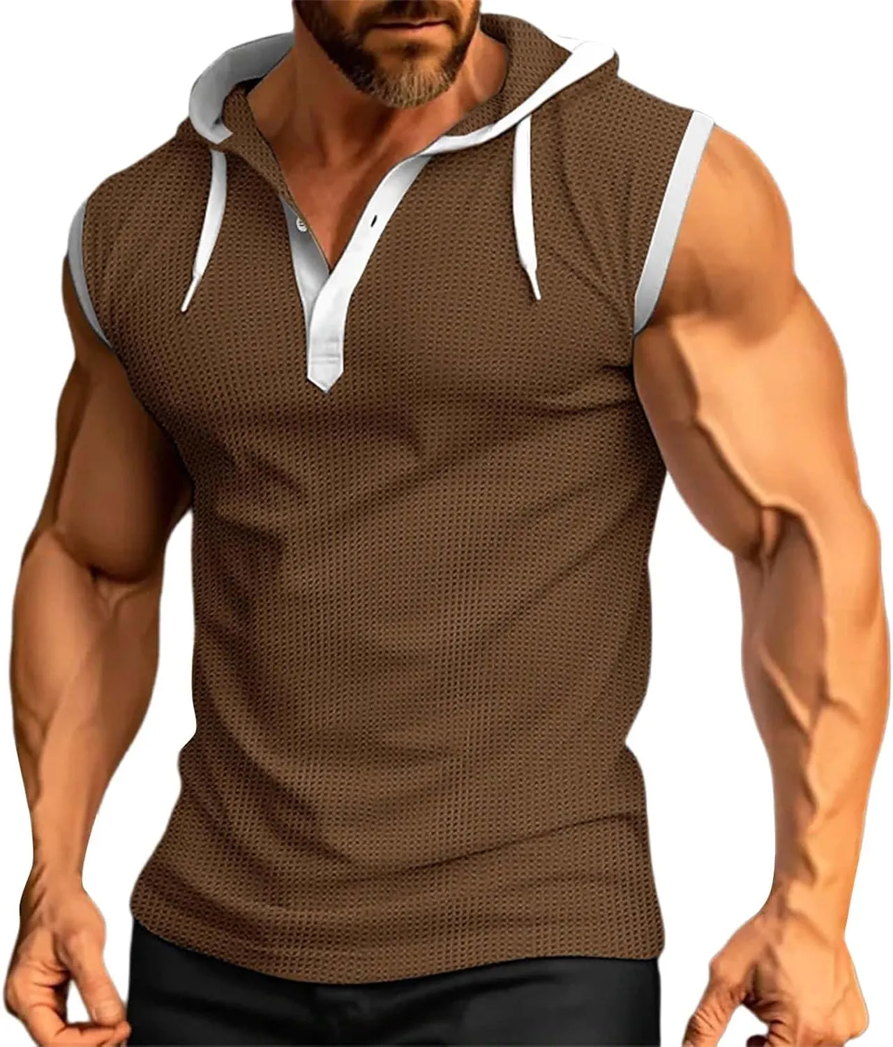 Waffle Tank Top for Men Hooded Shirts Gym Workout Bodybuilding Sleeveless Muscle T Shirts Block Color Vest Hoodies