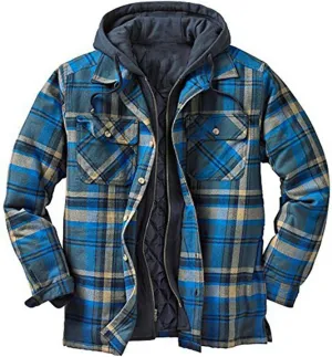 WANZZXCSL Men's Fashion Casual Men's Quilted Lined Button Down Plaid Shirt Add Velvet to Keep Warm Jacket with Hood