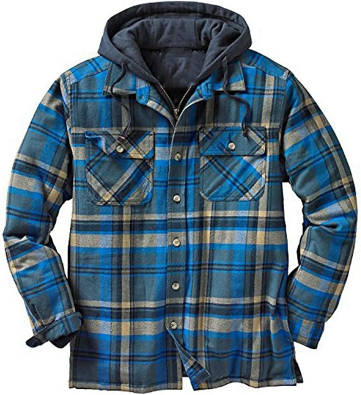 WANZZXCSL Men's Fashion Casual Men's Quilted Lined Button Down Plaid Shirt Add Velvet to Keep Warm Jacket with Hood