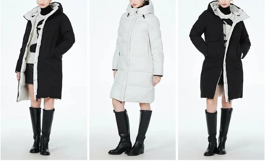 Women's Long Winter Down Jackets Slim Hooded Reversible Cotton Puffer Coat Thicken Thermal Windproof Parkas