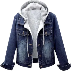 Womens Winter Jacket Detachable Hoodie Sherpa Fur Fleece Lined Denim Jean Warm Trucker Jackets Coat with Pockets